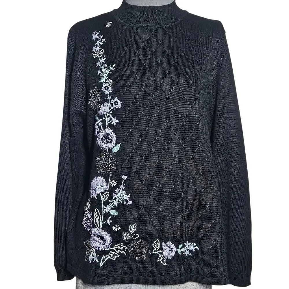 Black Wool Blend Mock Neck Beaded Embellished Sweater Size Large